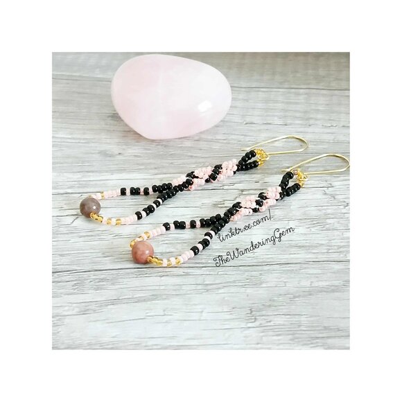 BOGO EARRINGS Rhodonite Gemstone Spiral Beaded Dangle Earrings, Pink & Black - Picture 3 of 9
